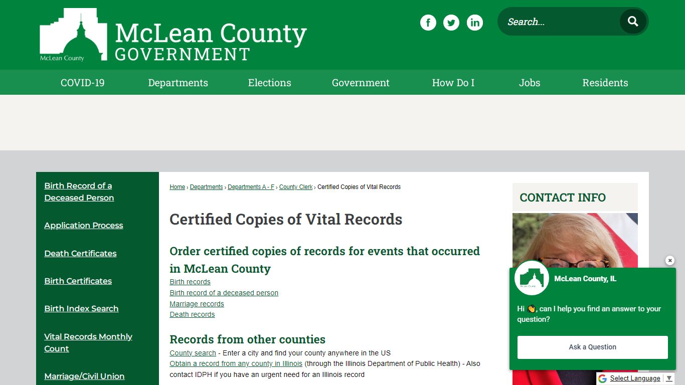 Certified Copies of Vital Records - McLean County, IL