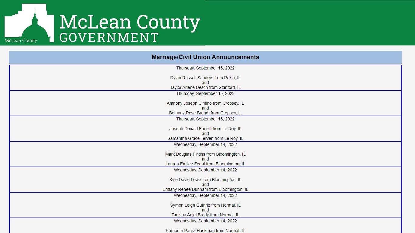 McLean County Clerk -- Marriage Announcements